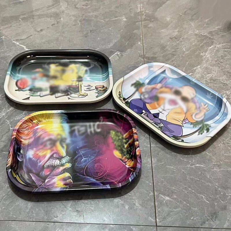 18 14CM Metal Rolling Tray Cigarette Storage Tray Double sides Surface Printing Tobacco Plate Smoking Accessories 2 - Rolling Tray Shop