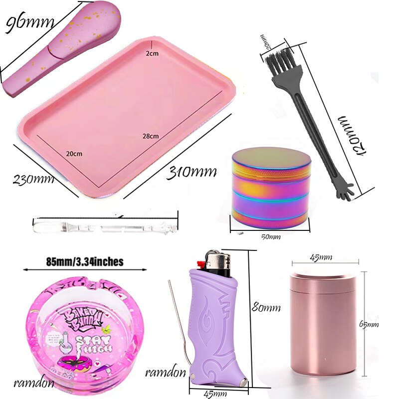 Rolling Tray Set 8PCS Pink Grinder Tinplate Plate Combo Cigarette Tray Smell Proof Stash Box Kit 1 - Rolling Tray Shop